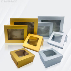 กล่องเมทัลลิค ฝาครอบ มีหน้าต่าง สีทอง สีเงิน (เเพ็ค 12)