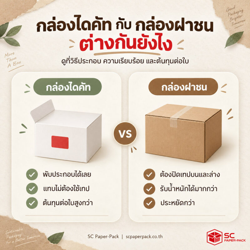 เปรียบเทียบกล่องไดคัทกับกล่องฝาชน วิธีประกอบ ความเรียบร้อย และต้นทุนต่อใบ