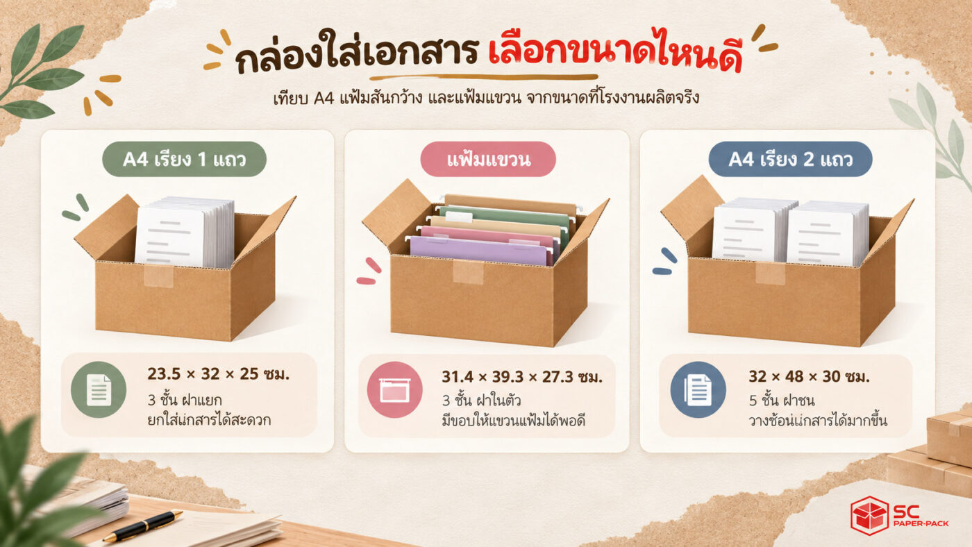 เทียบกล่องใส่เอกสาร 3 ขนาด A4 เรียง 1 แถว แฟ้มแขวน และ A4 เรียง 2 แถว พร้อมขนาดเป็นเซนติเมตร