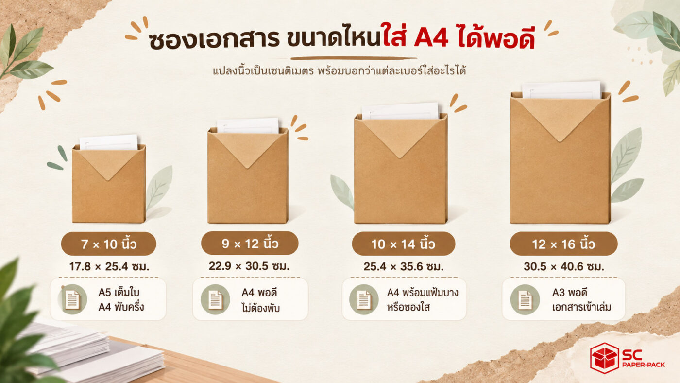 ตารางขนาดซองเอกสาร 7x10 9x12 10x14 และ 12x16 นิ้ว พร้อมบอกว่าใส่ A4 A5 A3 ได้แบบไหน