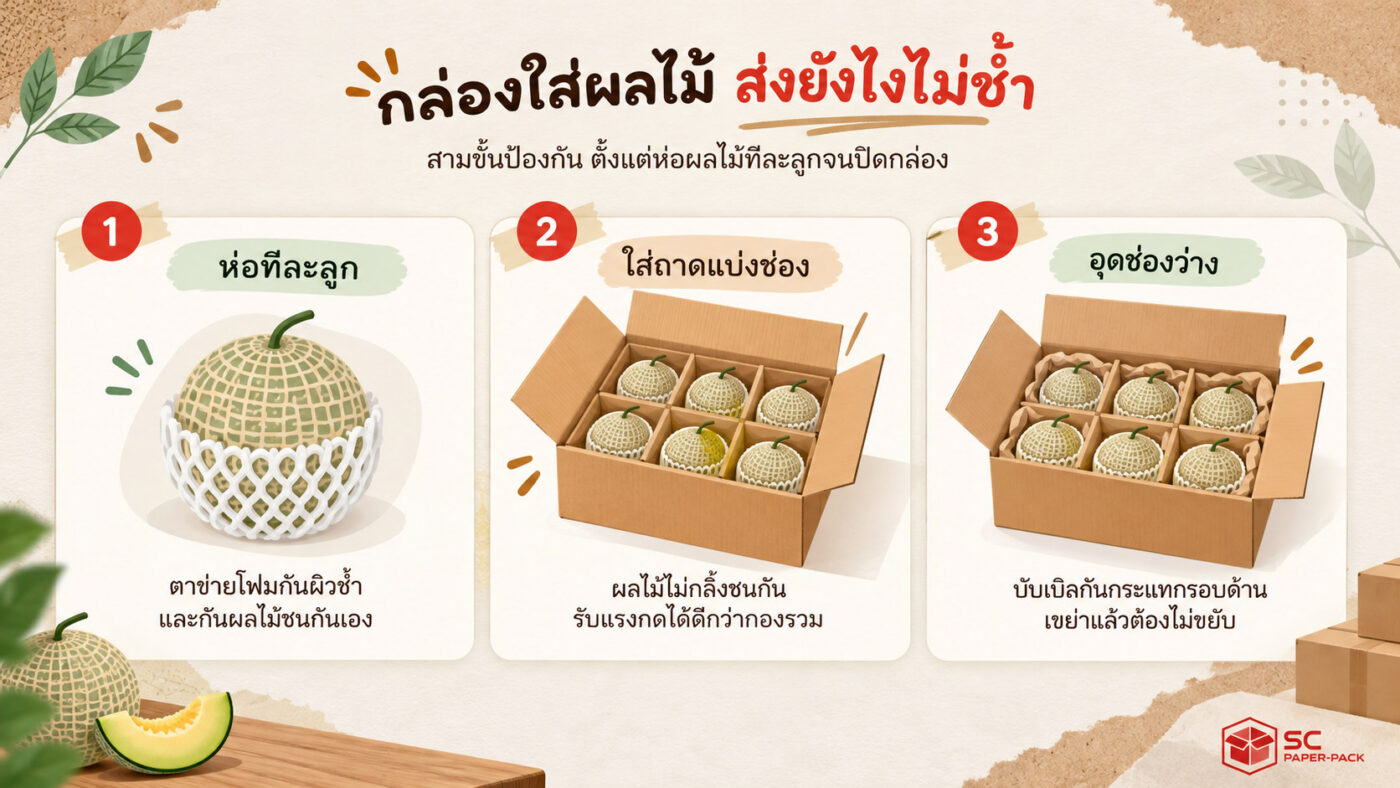 สามขั้นตอนแพ็กกล่องใส่ผลไม้ไม่ให้ช้ำ ห่อตาข่ายโฟม ใส่ถาดแบ่งช่อง และอุดช่องว่าง