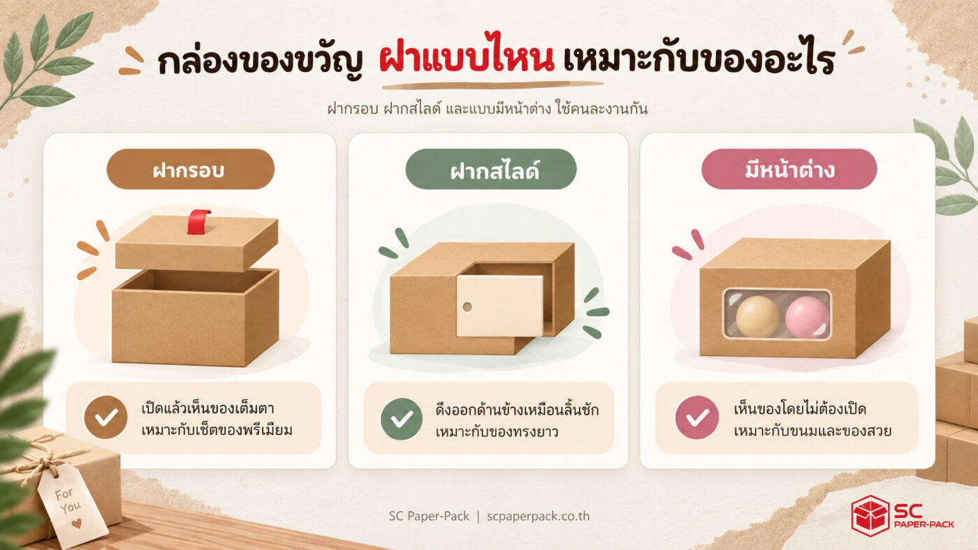 กล่องของขวัญ 3 แบบฝา ฝาครอบ ฝาสไลด์ และแบบมีหน้าต่าง เหมาะกับของต่างกัน