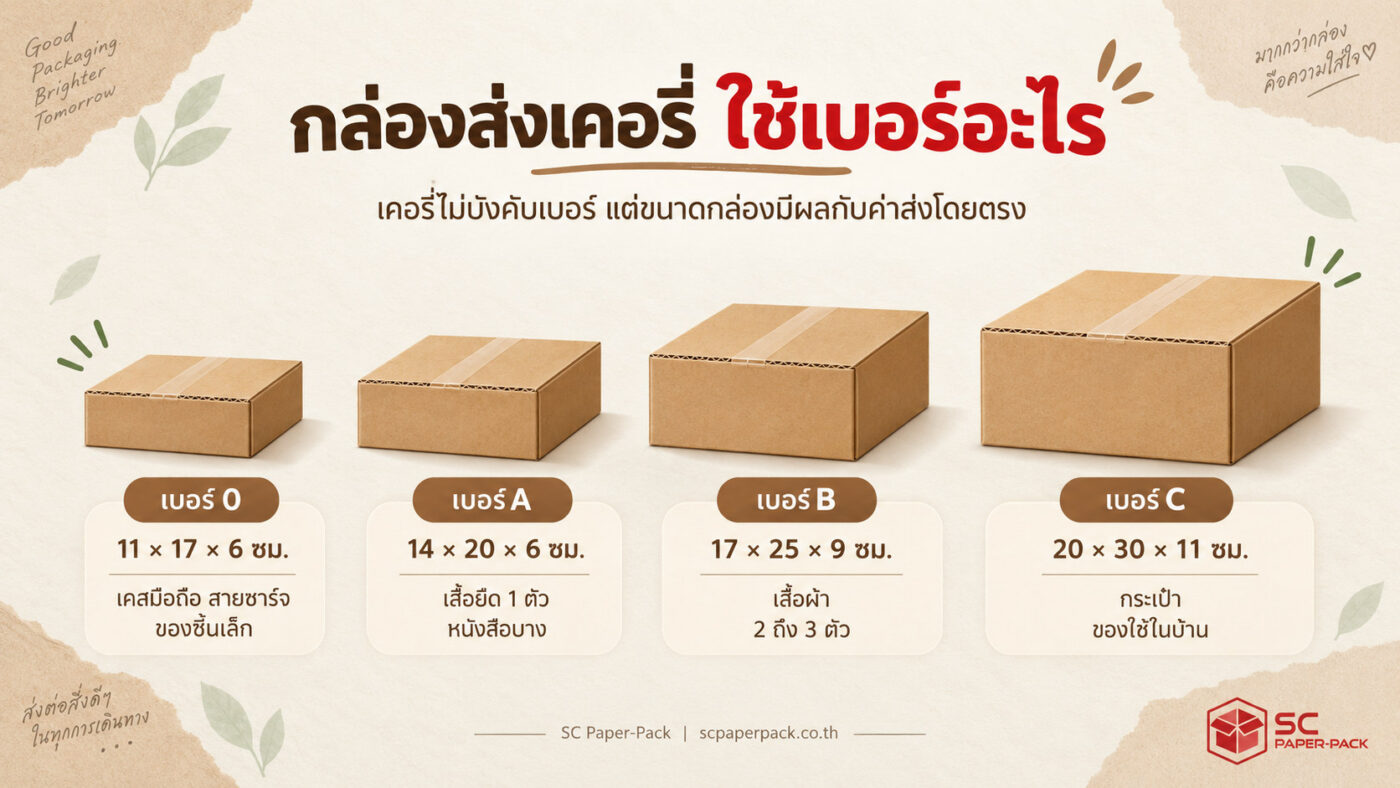 ตารางเทียบขนาดกล่องไปรษณีย์เบอร์ 0 A B C สำหรับส่งเคอร์รี่ พร้อมขนาดเป็นเซนติเมตร