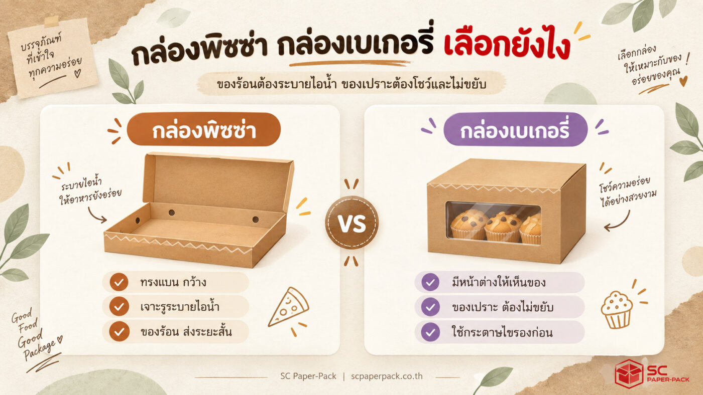 เปรียบเทียบกล่องพิซซ่ากับกล่องเบเกอรี่ ทรงกล่อง การระบายไอน้ำ และหน้าต่างโชว์สินค้า