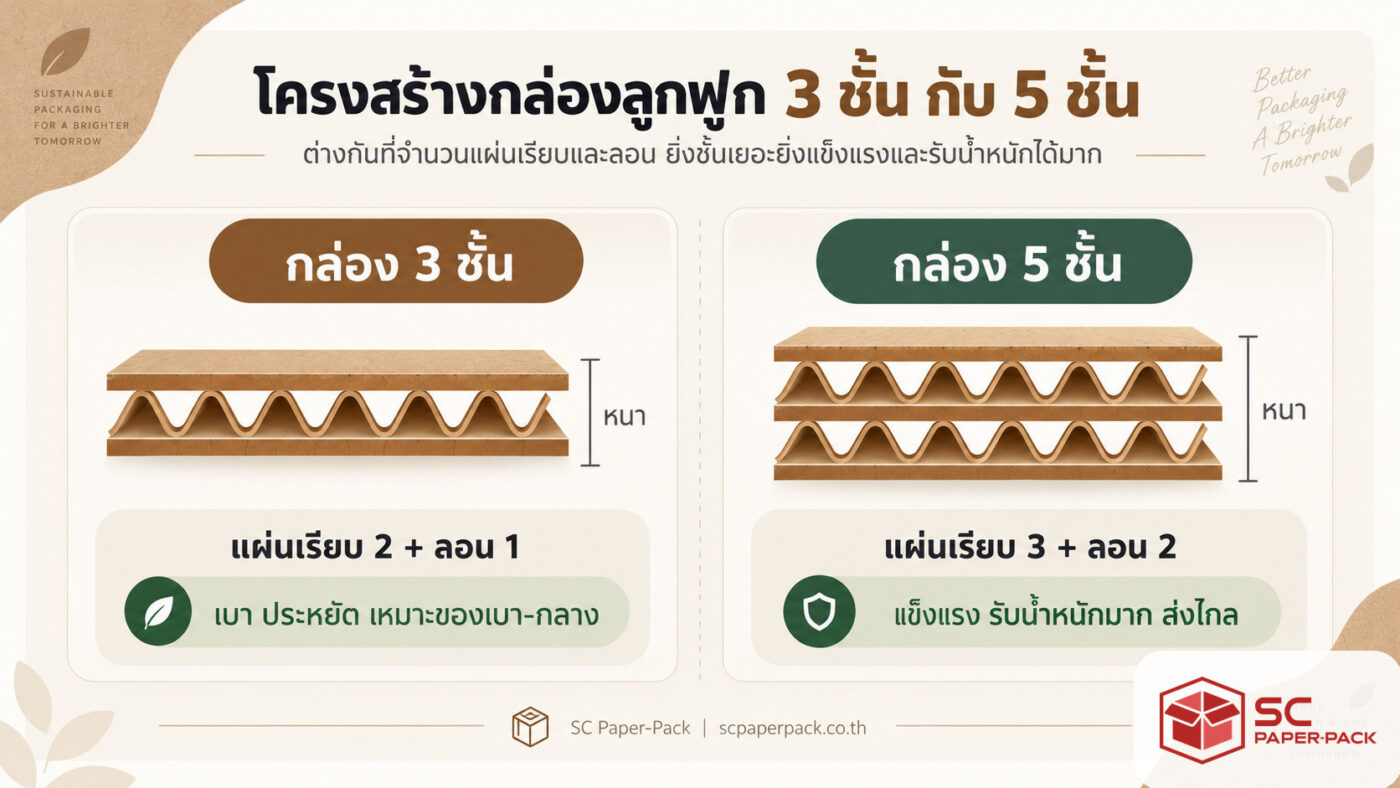 โครงสร้างกล่องลูกฟูก 3 ชั้น กับ 5 ชั้น เปรียบเทียบจำนวนแผ่นเรียบและลอน