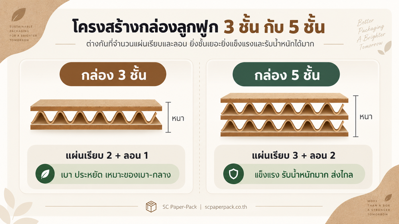 โครงสร้างกล่องลูกฟูก 3 ชั้น กับ 5 ชั้น เปรียบเทียบจำนวนแผ่นเรียบและลอน