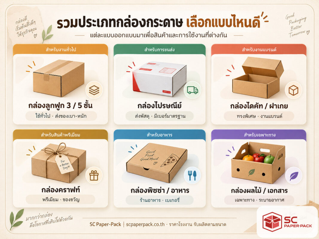 ประเภทกล่องกระดาษ รวมแบบกล่องลูกฟูก กล่องไปรษณีย์ กล่องไดคัท กล่องคราฟท์ และกล่องเฉพาะทาง