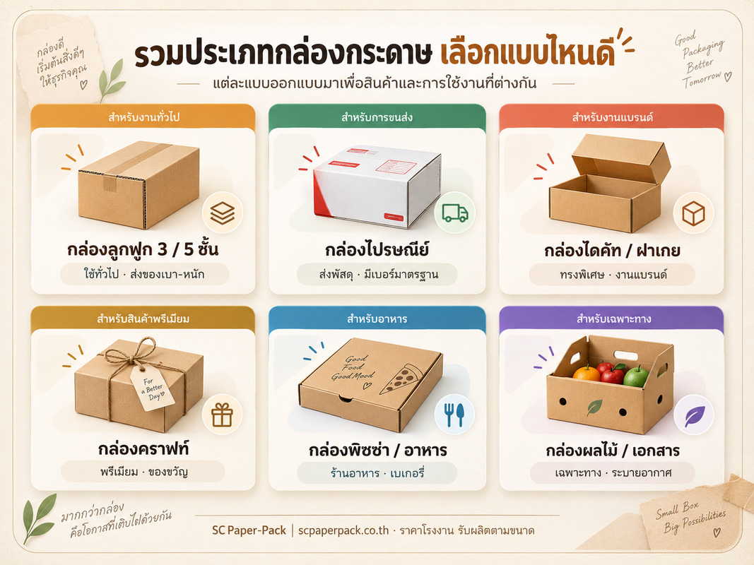 ประเภทกล่องกระดาษ รวมแบบกล่องลูกฟูก กล่องไปรษณีย์ กล่องไดคัท กล่องคราฟท์ และกล่องเฉพาะทาง